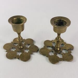 Set 2 Vtg Solid Brass Candle Holder Asian Ornate Etched Yin Yang Inginity Patina